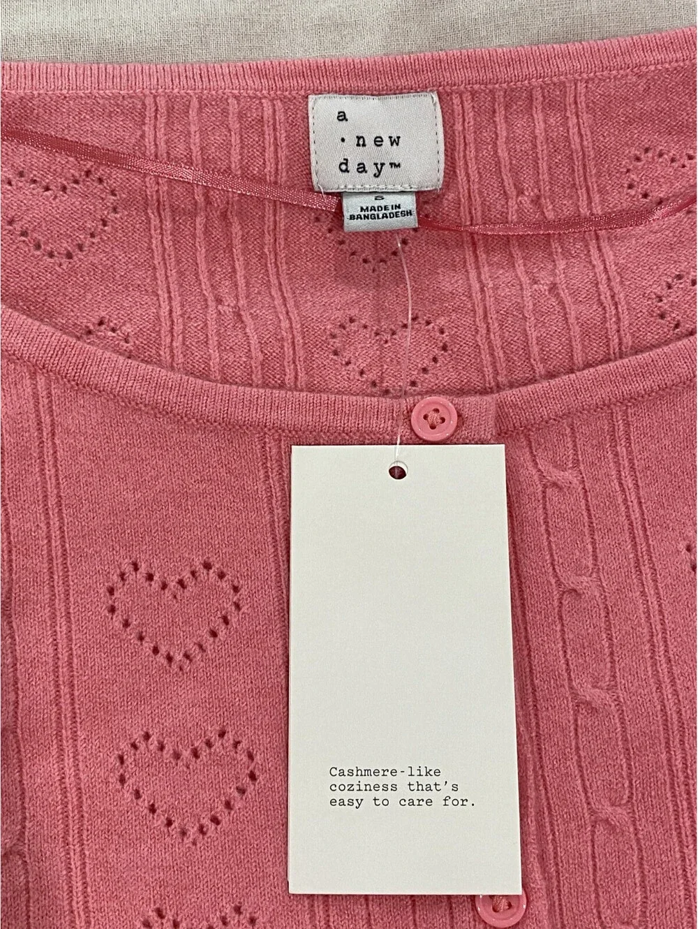 Women Valentine Long Sleeve Pointelle Heart Cardigan - A New Day Pink Sz Small